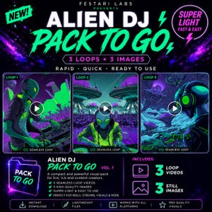 May include: A digital media bundle titled Alien DJ Pack To Go featuring three seamless loop videos and three still images. The graphics display green alien characters operating DJ equipment in futuristic settings with purple and black backgrounds.