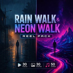 Puede incluir: Ilustración digital con el texto "RAIN WALK & NEON WALK" en neón. La imagen está dividida, con una escena de calle lluviosa a la izquierda y un paisaje de neón a la derecha. Incluye iconos para vídeos, fotos y canciones.