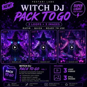 Puede incluir: Un producto digital titulado Witch DJ Pack To Go que incluye tres vídeos en bucle y tres imágenes. El gráfico muestra un tema en morado y negro con ilustraciones de una bruja con sombrero y auriculares en una mesa de mezclas.