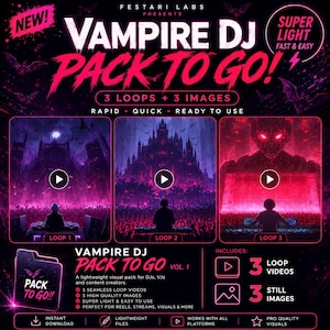 Puede incluir: Gráfico promocional para "Vampire DJ Pack To Go!" con un tema gótico oscuro. El diseño incluye tres bucles y tres imágenes, con el texto "Rapid, Quick, Ready to Use". El paquete está diseñado para DJs, VJs y creadores de contenido.