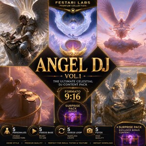 May include: A digital content pack titled ANGEL DJ VOL.1 featuring celestial imagery of winged figures operating DJ equipment in the clouds. The graphic includes text such as FESTARI LABS, FORMATO 9:16, and details about 5 characters, videos, and photos.