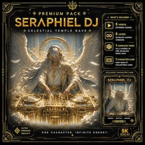 May include: A digital product package titled SERAPHIEL DJ CELESTIAL TEMPLE RAVE featuring a winged figure with white hair wearing headphones at a gold DJ console. Includes 5 videos, 5 loops, 1 complete video, and 1 character card in 5K resolution.