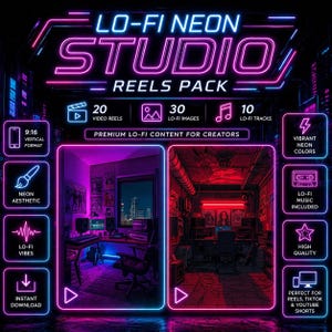 Pode incluir: Gráfico digital que promove um "Lo-Fi Neon Studio Reels Pack" com detalhes em néon rosa e azul. O pack inclui 20 reels de vídeo, 30 imagens e 10 faixas. Apresenta estética neon, vibrações Lo-Fi e download instantâneo.