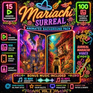 Puede incluir: Un letrero de neón vibrante que promociona un paquete de fondos animados "Mariachi Surreal". La imagen presenta ilustraciones coloridas de músicos, edificios e instrumentos musicales, con texto que indica 15 fondos animados, 100 fotos de alta resolución y música extra.