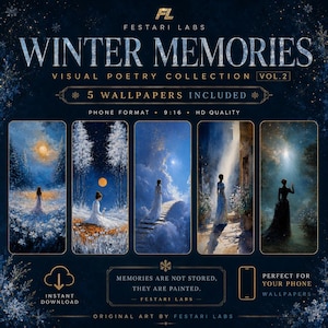 Puede incluir: Una colección digital titulada Winter Memories Visual Poetry Collection Vol. 2 de Festari Labs, que incluye cinco fondos de pantalla de alta definición para teléfono en formato 9:16. Las ilustraciones muestran escenas invernales en tonos azules.