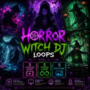 May include: Digital artwork with the text "HORROR WITCH DJ LOOPS VOL. 1". The image showcases witches, bats, and a pentagram. It promotes 5 video bases, 5 video loops, and 5 pictures. The overall theme is dark and gothic.