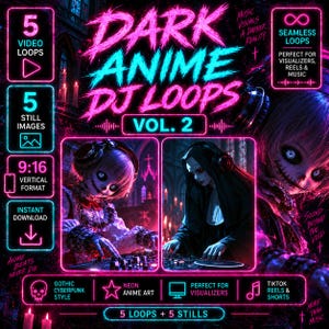 Puede incluir: Una colección digital titulada Dark Anime DJ Loops Vol. 2 con texto en neón rosa y azul, dos paneles rectangulares que muestran personajes de anime con auriculares en mesas de mezclas y iconos que indican 5 bucles de vídeo y 5 imágenes.