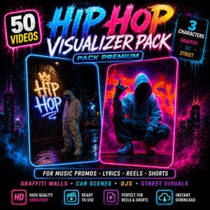 Puede incluir: Anuncio de un paquete visualizador de Hip Hop. La imagen presenta texto y gráficos de neón, incluyendo las palabras "Hip Hop Visualizer Pack" y "50 Videos". También incluye imágenes de figuras encapuchadas en un entorno urbano. El paquete es para promociones musicales, letras, reels y shorts.