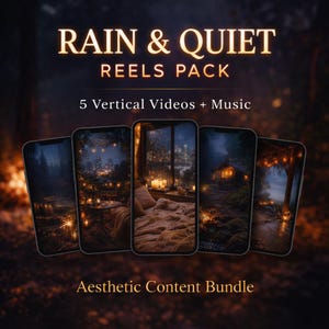 Puede incluir: Un paquete de contenido estético con cinco videos verticales con música. La imagen muestra cinco teléfonos inteligentes, cada uno mostrando una escena acogedora diferente con iluminación cálida, incluyendo una cabaña, luces de la ciudad y un bosque empapado por la lluvia. El texto dice "Rain & Quiet Reels Pack."