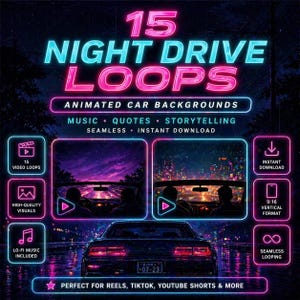 Puede incluir: Gráfico digital que promociona "15 Night Drive Loops" con fondos de coche animados. La imagen presenta un coche conduciendo de noche, con texto que incluye "Música, Citas, Storytelling" y "Descarga instantánea". El diseño es en colores neón.