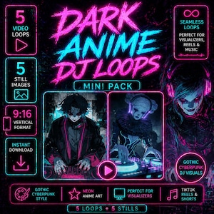 May include: A digital product advertisement for "Dark Anime DJ Loops." The graphic features neon pink and blue text, anime-style illustrations, and icons. Includes 5 video loops, 5 still images, and is in a 9:16 vertical format. Keywords: Gothic, cyberpunk, visuals.