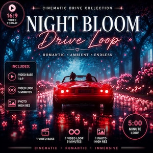 Puede incluir: Un gráfico digital titulado Cinematic Drive Collection Night Bloom Drive Loop que muestra un coche descapotable rojo en una carretera nocturna rodeada de árboles y flores rosas brillantes, con detalles sobre archivos de vídeo y fotos.
