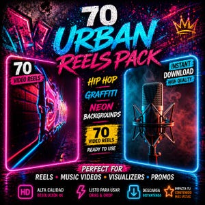 Puede incluir: Anuncio de un producto digital, el "70 Urban Reels Pack". El diseño utiliza gráficos de estilo neón, incluyendo un micrófono, graffiti y las palabras "Hip Hop", "Graffiti" y "Neon Backgrounds". El producto es para reels, videos musicales y promociones.
