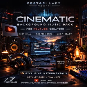 Könnte beinhalten: Werbebild für ein Cinematic-Hintergrundmusikpaket. Das Bild zeigt ein Desktop-Setup mit Kopfhörern, einem Computermonitor mit Audiobearbeitungssoftware und einer Kaffeetasse. Der Text enthält "CINEMATIC BACKGROUND MUSIC PACK" und "FOR YOUTUBE CREATORS."
