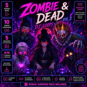 May include: A digital art graphic for "Zombie & Dead DJ Loops Vol. 2" in neon pink and purple. The image features zombie-like characters, anime-style figures, and DJ equipment. Text includes "Seamless Loops" and "Bonus Surprise Pack Included."