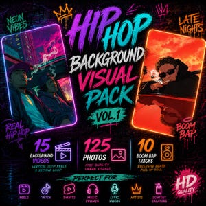 Könnte beinhalten: Werbegrafik für ein "Hip Hop Background Visual Pack Vol. 1." Das Design verwendet Neonfarben, Illustrationen und Text mit "15 Hintergrundvideos", "125 Fotos" und "10 Boom Bap Tracks". Das Paket ist für Reels, TikTok und mehr gedacht.