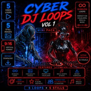 May include: Digital art promoting "Cyber DJ Loops Vol 1" with a dark cyberpunk theme. The image features two figures, one blue and one red, with the text "Cyber DJ Loops" in red and blue. Includes 5 video loops, 5 still images, and instant download.