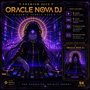 May include: Digital art featuring a female anime-style character as a DJ, with the text "ORACLE NOVA DJ COSMIC TEMPLE RAVE." The image has a purple and gold color scheme, with a futuristic city backdrop and a list of included digital content.