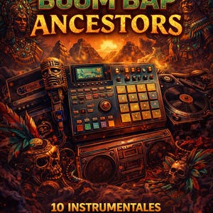 Puede incluir: Imagen de arte digital que promociona una biblioteca de música. El título "BOOM BAP ANCESTORS" se muestra en letras doradas. La imagen presenta una caja de ritmos, un tocadiscos y un reproductor de casetes, con una calavera e imágenes de inspiración azteca.