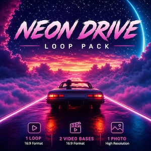 Puede incluir: Un gráfico digital titulado NEON DRIVE LOOP PACK que muestra un coche en una carretera hacia un atardecer con nubes púrpuras y rosas. El texto incluye 1 LOOP 16:9 Format, 2 VIDEO BASES 16:9 Format y 1 PHOTO High Resolution en la parte inferior.