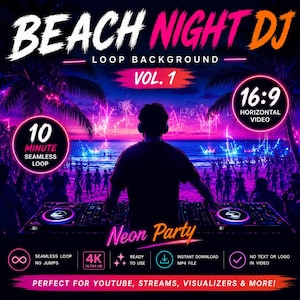 Puede incluir: Gráfico digital para una fiesta neón con temática de playa. La imagen presenta a un DJ en una consola con una multitud frente a una escena de playa con fuegos artificiales. El texto incluye "Beach Night DJ", "Loop Background", "Vol. 1" y "Neon Party".
