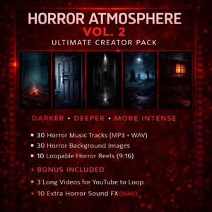 Puede incluir: Un gráfico rojo con el texto "HORROR ATMOSPHERE VOL. 2 ULTIMATE CREATOR PACK." El gráfico incluye imágenes de un bosque, una puerta, un pasillo, un cementerio y una casa. También se incluye el texto "DARKER • DEEPER • MORE INTENSE".