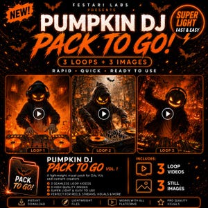 Puede incluir: Gráfico promocional para un "Pumpkin DJ Pack To Go!" con tres imágenes de DJ con cabeza de calabaza. El diseño incluye el texto "3 Loops + 3 Images" y "Rapid, Quick, Ready to Use."