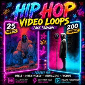 May include: A promotional graphic for "Hip Hop Video Loops" featuring neon pink and blue frames. The image includes illustrations of figures, text, and icons. The text includes "25 Videos," "200 Photos," and "Pack Premium." Additional text reads "Perfect for Reels, Music Videos, Visualizers, Promos."
