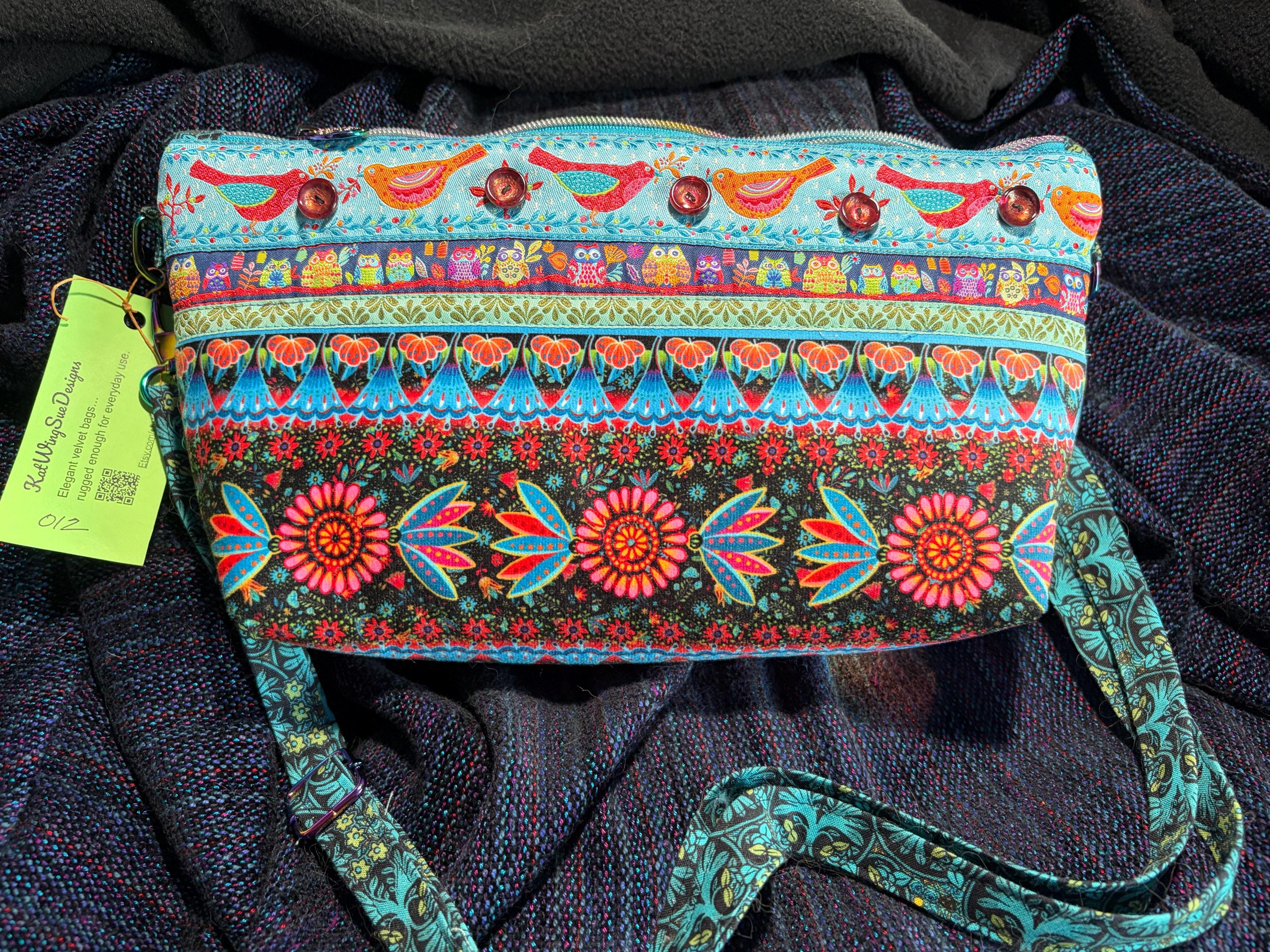 Birds and Owls Blue Folkloric velvet and ribbon cross body zippered bag  012