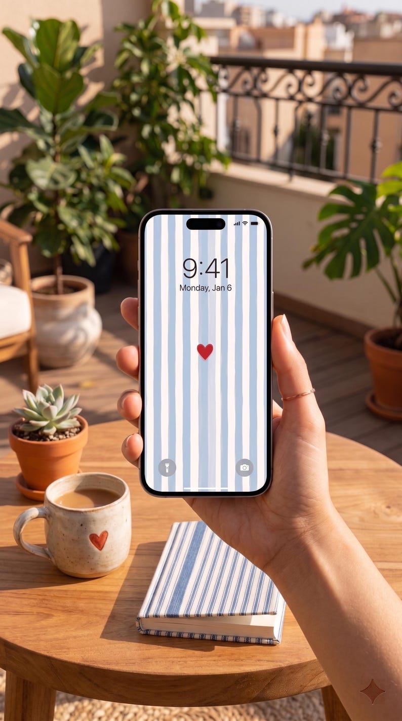 Pu&ograve; includere: Uno smartphone mostra uno sfondo a righe blu chiaro e bianco con un cuore rosso. Lo schermo indica le 9:41, luned&igrave; 6 gennaio. Il telefono &egrave; tenuto in mano, con una tazza di caff&egrave; e una piccola pianta in vaso visibili.