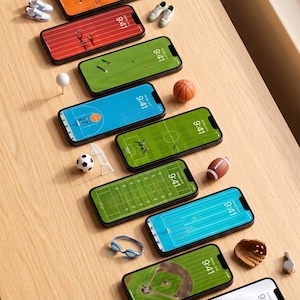 May include: A collection of smartphones displaying sports-themed wallpapers, including tennis, track, basketball, soccer, football, swimming, and baseball. Miniature sports accessories like shoes, balls, and goggles are arranged around the phones. The text "TINY SCENES" is visible.