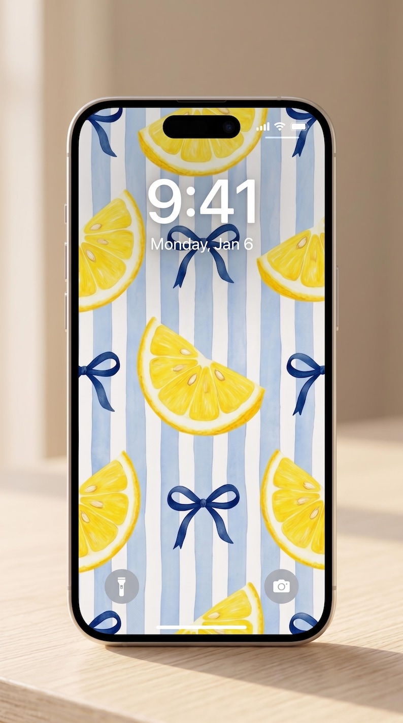 Pu&ograve; includere: Schermo di smartphone che mostra un motivo ad acquerello di fette di limone gialle e fiocchi blu su sfondo a righe. L'ora &egrave; 9:41, luned&igrave; 6 gennaio.