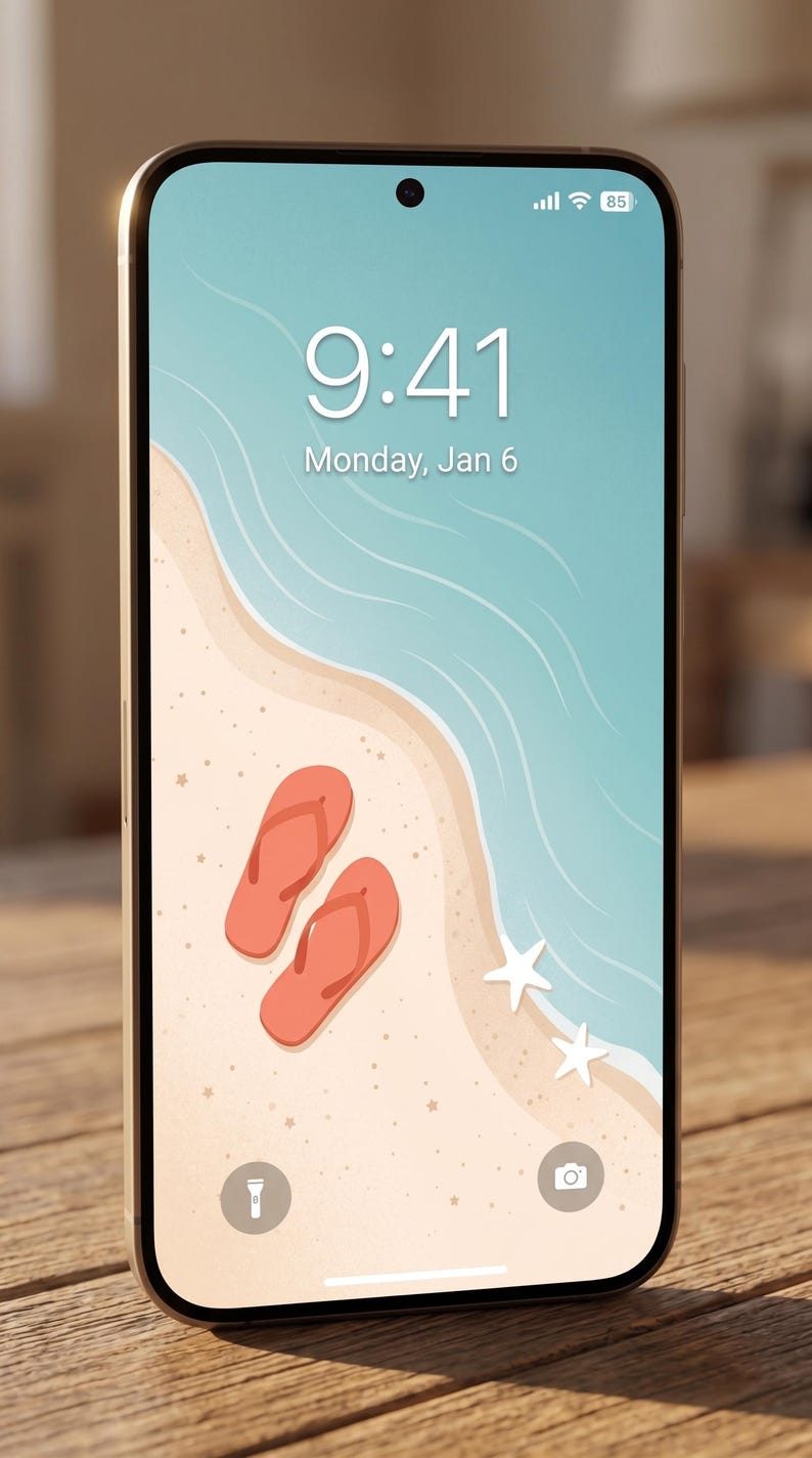 Pu&ograve; includere: Schermo di smartphone che mostra una scena di spiaggia con infradito arancioni, acqua blu e sabbia. L'ora &egrave; 9:41, luned&igrave; 6 gennaio. Il telefono ha una cornice dorata ed &egrave; appoggiato su una superficie di legno.
