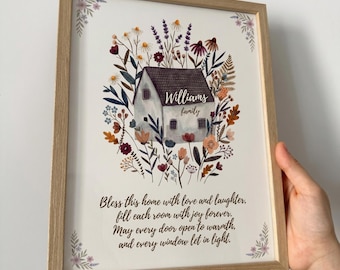 Cartello personalizzato con nome di famiglia, stampabile, decorazione murale, illustrazione floreale ad acquerello, casa, benedizione della casa, regalo di inaugurazione della casa, download digitale.