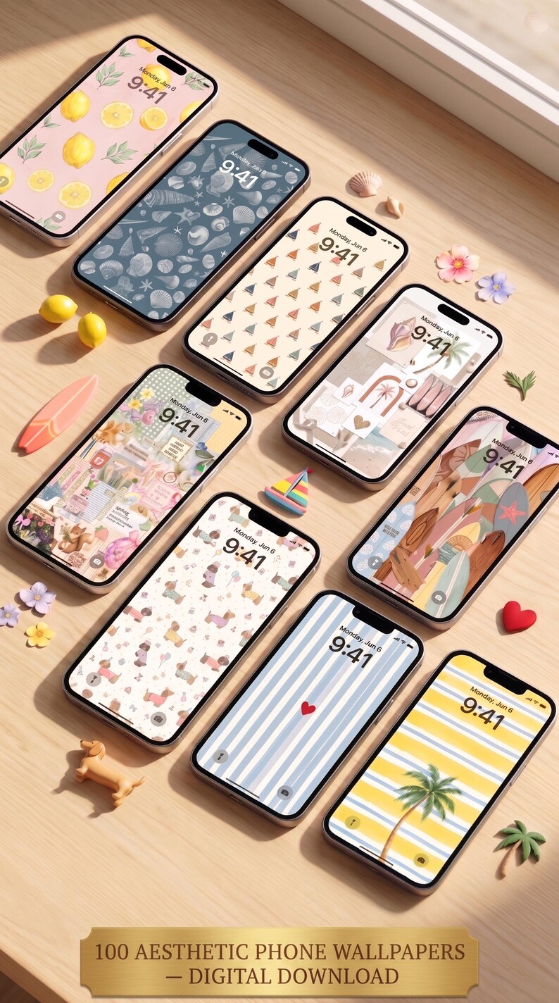Pu&ograve; includere: Una collezione di smartphone che mostrano vari sfondi estetici, tra cui limoni, conchiglie e tavole da surf. Gli schermi mostrano l'ora 9:41 luned&igrave; 6 giugno. L'immagine include anche elementi decorativi come fiori e una piccola statuina di bassotto. Il testo recita "100 Sfondi Telefonici Estetici - Download Digitale."
