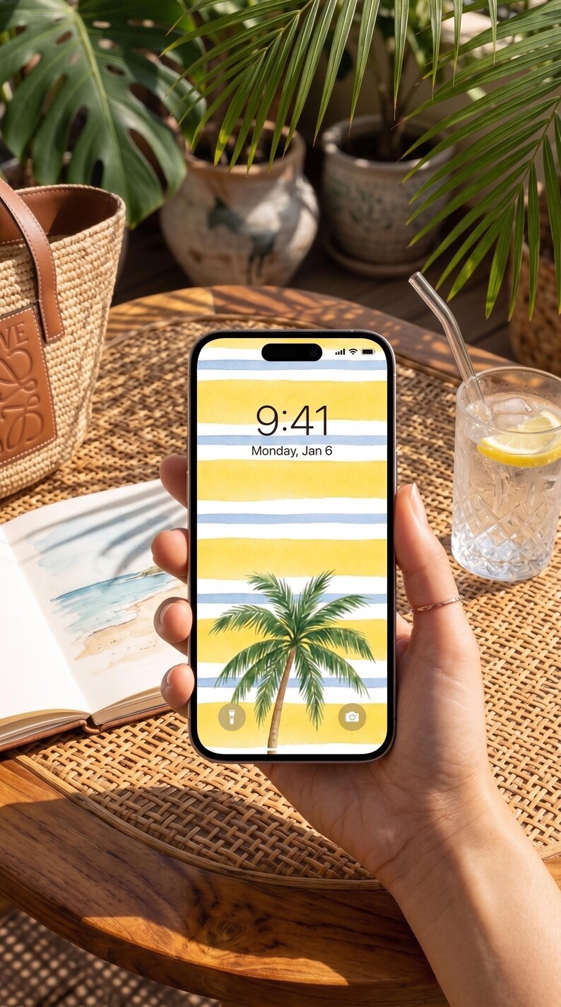 Pu&ograve; includere: Uno smartphone mostra uno sfondo tropicale con strisce gialle e blu e una palma. L'ora &egrave; 9:41, luned&igrave; 6 gennaio. Il telefono &egrave; tenuto in mano. &Egrave; visibile un bicchiere d'acqua con una fetta di limone.
