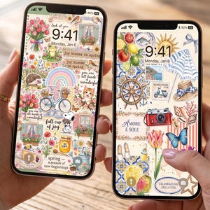 Pu&ograve; includere: Due smartphone che mostrano sfondi colorati a tema primaverile. Uno presenta tulipani, un arcobaleno e Snoopy. L'altro mostra un sole, una macchina fotografica e immagini italiane. Entrambi gli schermi mostrano l'ora 9:41, luned&igrave; 6 gennaio.