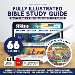 May include: A digital Bible study guide displayed on a tablet screen, featuring the Book of Genesis with illustrations, text, and a hyperlinked map. The guide includes 66 books, is US letter size 8.5 by 11 inches, and is an instant digital download.