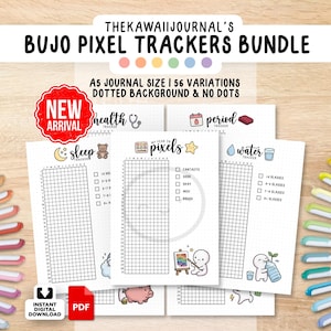 Peut inclure: Un ensemble numérique de trackers de pixels pour journal A5 avec des thèmes comme le sommeil, la santé, les règles et l'eau. Les pages incluent des grilles, des cases à cocher et des illustrations. Texte : THEKAWAIIJOURNAL'S BUJO PIXEL TRACKERS BUNDLE.