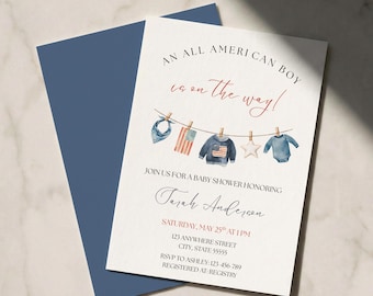 May include: A baby shower invitation with a navy blue envelope. The invitation reads "AN ALL AMERICAN BOY is on the way!" and features watercolor illustrations of baby clothes and patriotic symbols. Details include the date, time, location, and RSVP information.