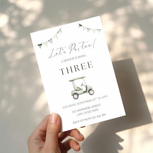 May include: A white invitation card with the text "Let's Partee!" and "Carter is turning THREE". The card features a watercolor illustration of a golf cart and decorative bunting. The date and time of the event are also included.
