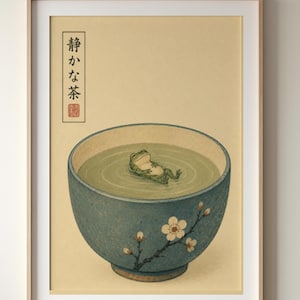 A framed vertical art print on a neutral wall shows a small frog floating in a large blue ceramic bowl of green liquid.