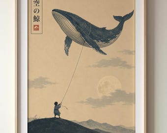 クジラのアート｜シュールなジャパンディ装飾｜侘び寂びの和風プリント｜廊下用ポスター