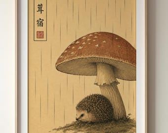 Hedgehog Art Print | Japanese Poster | Woodland Artwork | Japandi Wall Decor
