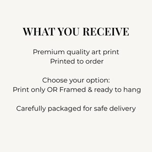 Text graphic on a light background reads WHAT YOU RECEIVE followed by details about art prints and packaging options.