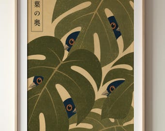 日本の植物モンステラのウォールアート｜オリーブグリーンのプリント｜植物好きへのギフト｜額入り鳥のポスター