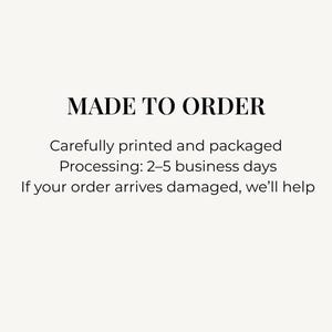 Text graphic on a light background reads MADE TO ORDER with details regarding processing times and damage policy.