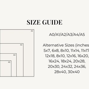Text graphic labeled SIZE GUIDE displays nested rectangles for standard paper sizes alongside a list of alternative inch dimensions.