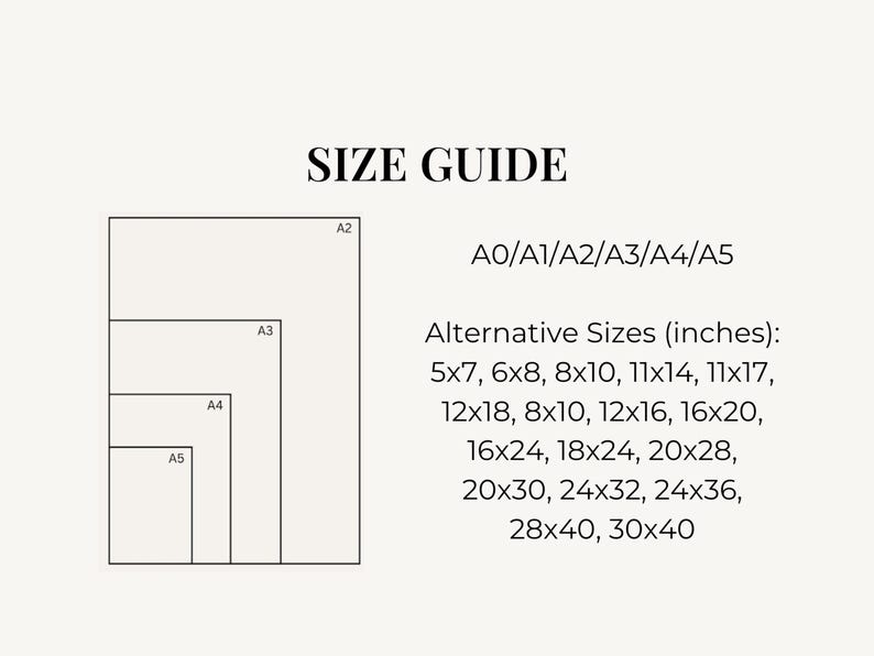 Text graphic labeled SIZE GUIDE displays nested rectangles for standard paper sizes alongside a list of alternative inch dimensions.