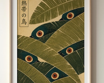 バナナの葉のプリント｜浮世絵風の森の葉のポスター｜植物と鳥のアート
